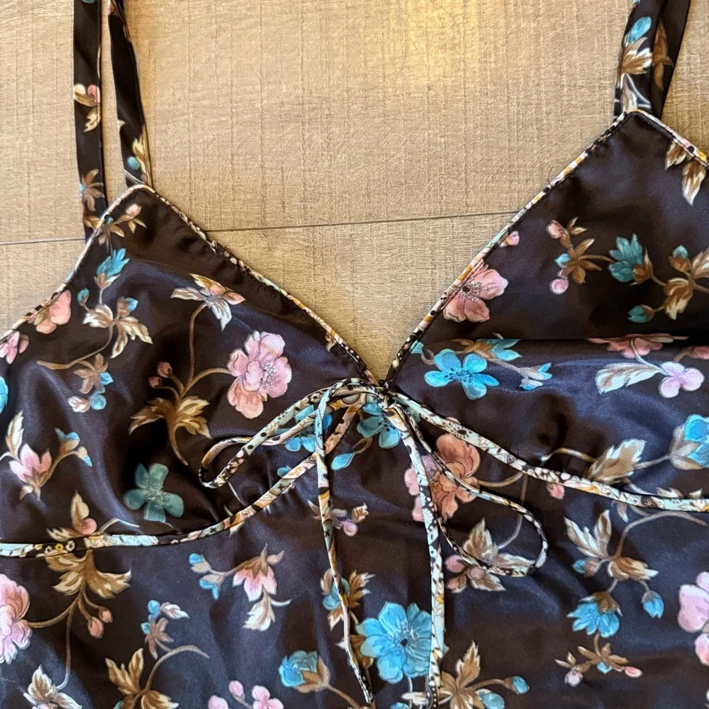 VTG Adonna chocolate Brown Floral satin slip Dress tie front back size large Y2K